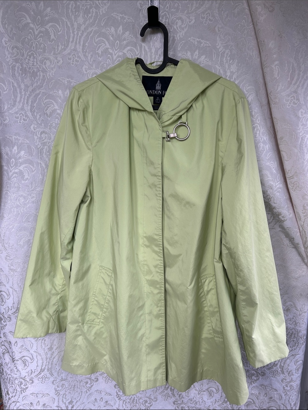 London Fog Light Green Hooded Trench Coat with Ring Closure